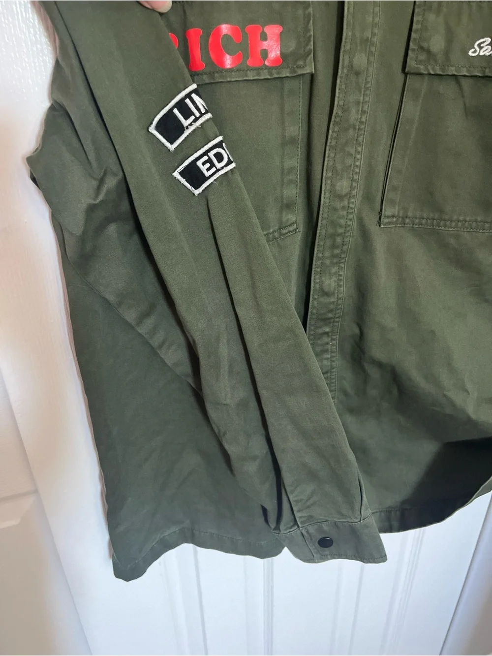 Forever 21 Olive Green Military Field Jacket with Red and Yellow Patch Accents
